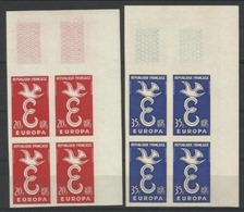 1958 Francia France EUROPA  CEPT EUROPE Varietà 'Non Dentellato' 4 Serie Di 2v.  MNH** In Quartina BL.4 Colomba Dove - 1958