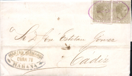 CUBA. Ø 66(2) En Carta De Habana A Cádiz. Doble Porte. Mat. Correos/Habana En Violeta. Muy Bonita. - Kuba (1874-1898)