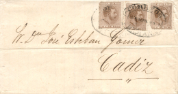 CUBA. Ø 102(3) En Carta De Habana A Cádiz. Tiple Porte. Mat. Correos/Habana En Negro. Raro. - Kuba (1874-1898)