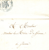 1813 (22 FEB). Carta Correo Interior De Girona, Con Franquicia Al Dorso ""Prefectura Du Ter"" Y águila Imperial En Azul  - Bolli Militari (ante 1900)