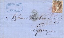 Ø 113 En Carta De Madrid A Lyon, El Año 1870. Al Dorso Tránsito Y Llegada. Bonita. - Covers & Documents