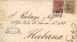 Ø 188 Y 194 En Carta De Sant Pol De Mar A Habana, El Año 1878. - Storia Postale