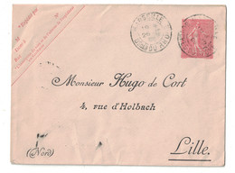 ENTIER Avec REPIQUAGE PRIVÉ " HUGO DE CORT / LILLE " Sur ENVELOPPE TYPE SEMEUSE LIGNÉE 10c ROSE CAD MARSEILLE 1909 - Enveloppes Repiquages (avant 1995)