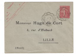 ENTIER Avec REPIQUAGE PRIVÉ " HUGO DE CORT / LILLE " Sur ENVELOPPE TYPE SEMEUSE LIGNÉE 10c AMBULANT ROCHE ROCHELLE 1912 - Sobres Transplantados (antes 1995)