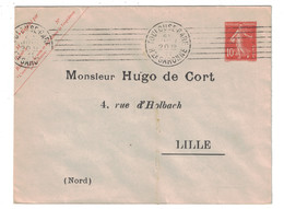 ENTIER Avec REPIQUAGE PRIVÉ " HUGO DE CORT / LILLE " Sur ENVELOPPE TYPE SEMEUSE CAMÉE 10c KRAG OMEC TOULOUSE GARE 1911 - Bigewerkte Envelop  (voor 1995)