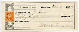 United States 1870 Received Receipt Boston, Massachusetts W/ Scott R15c - Fiscaux