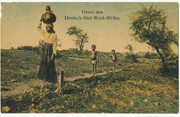 Gruss Aus Deutsch Sud West Afrika Color Woman Carryng Potery On Head And Nude Kids Edit Friedrich Lange - Namibie