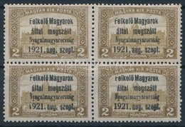 ** Nyugat-Magyarország I. 1921 Parlament 2K Négyestömb Bodor Vizsgálójellel (18.000) (kis Rozsda / Small Stain) - Sonstige & Ohne Zuordnung