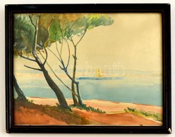 Olvashatatlan Jelzéssel: Mediterrán Tengerpart, Akvarell, Papír, üvegezett Fa Keretben, 22×28,5 Cm - Otros & Sin Clasificación