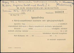 Cca 1940 Kitöltetlen Igazolvány Károly-csapatkereszt Viselésér?l - Autres & Non Classés