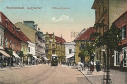 T3 Nagyszeben, Hermannstadt, Sibiu; Heltauergasse / Utcakép, Villamos, üzletek. Emil Fischer Kiadása / Street View, Tram - Non Classés