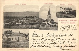 * T2/T3 1903 Zsidve, Seiden, Jidvei; Evang. Kirche, Station, Apotheke / Evangélikus Templom, Vasútállomás, Gyógyszertár  - Ohne Zuordnung