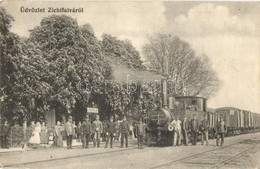 T2/T3 Zichyfalva, Zichydorf, Plandiste; Vasútállomás, Vasutasok, G?zmozdony. Kühn M. Kiadása / Bahnhof / Railway Station - Unclassified