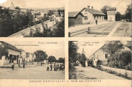 T4 1915 Sámfalva, Hannersdorf; F? út, Evangélikus és Római Katolikus Iskola, Vasútállomás, Schuhmacher üzlete / Hauptstr - Non Classificati