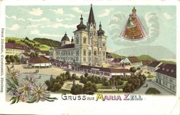 T3 Mariazell, Wallfahrtskirche, Verlag Franz Schemm / Church, Floral, Litho (kis Szakadás / Small Tear) - Unclassified