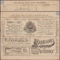 Nouvelle-Zélande 1893. Télégramme Publicitaire. Voilier Train Drapeau Douane Bouteille Whisky, Voix. La Pomme D'or Cidre - Vins & Alcools