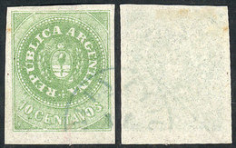94 ARGENTINA: RECENT FIND: GJ.8b, 10c. Yellow-green With 8 Cut Angles, WITH DIAGONAL LINE WATERMARK, Very Notable, Only  - Neufs