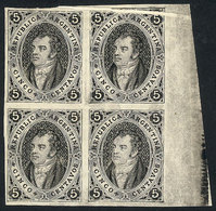 108 ARGENTINA: Official Reprint Made By Cia. Sudamericana De Billetes De Banco In 1888, Block Of 4 In Black With VARIETY - Unused Stamps