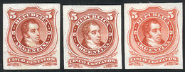 116 ARGENTINA: GJ.38, 1867 5c. Rivadavia With Groundwork Of Crossed Lines, 3 TRIAL COLOR PROOFS (different Shades) Print - Andere & Zonder Classificatie