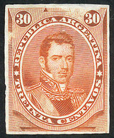 125 ARGENTINA: GJ.42, 1867 30c. Alvear, PROOF In The Issued Color Printed On Thin Paper, VF Quality! - Altri & Non Classificati
