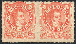 130 ARGENTINA: GJ.48, 1876 5c. Rivadavia Rouletted, Pair, Mint Without Gum, VF Quality! - Autres & Non Classés