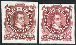 132 ARGENTINA: GJ.49, 1876 8c. Rivadavia Rouletted, 2 COLOR PROOFS Printed On Thin Paper In Dark Chestnut And Dark Carmi - Otros & Sin Clasificación