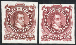 132 ARGENTINA: GJ.49, 1876 8c. Rivadavia Rouletted, 2 COLOR PROOFS Printed On Thin Paper In Dark Chestnut And Dark Carmi - Autres & Non Classés
