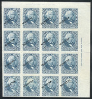 139 ARGENTINA: GJ.51, 1876 20c. Vélez Sársfield Rouletted, Large Block Of 16 With MUESTRA Overprint, And Sheet Corner Wi - Autres & Non Classés