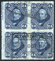 140 ARGENTINA: GJ.52, 1876 24c. San Martín Rouletted, Block Of 4 With Double Rectangular Datestamp Of CORRIENTES, Rare,  - Other & Unclassified