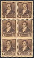 158 ARGENTINA: GJ.164PH + Variety, 1892 1c. Rivadavia With Small Sun Wmk, Block Of 6 With Compound Perforation 11½ X 12¼ - Andere & Zonder Classificatie