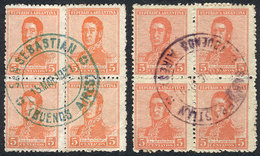 165 ARGENTINA: GJ.462, 2 Blocks Of 4 With Cancels Of SAN SEBASTIÁN (Buenos Aires) In Green-blue And Violet, VF Quality,  - Autres & Non Classés