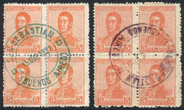 165 ARGENTINA: GJ.462, 2 Blocks Of 4 With Cancels Of SAN SEBASTIÁN (Buenos Aires) In Green-blue And Violet, VF Quality,  - Sonstige & Ohne Zuordnung