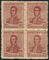 166 ARGENTINA: GJ.492, 1918 30c. San Martín With Wheatley Bond Watermark IN THE 4 STAMPS, Excellent Quality, Very Rare ( - Andere & Zonder Classificatie