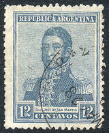 167 ARGENTINA: GJ.518, 1920 12c. San Martín, FISCAL SUN Watermark, Used, VF Quality, Rare, Catalog Value US$200. - Other & Unclassified