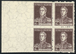 169 ARGENTINA: GJ.576, 1924 San Martín With Period 2c., Block Of 4, The Left Pair IMPERFORATE, Very Fine Quality, Rare! - Autres & Non Classés