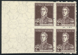 169 ARGENTINA: GJ.576, 1924 San Martín With Period 2c., Block Of 4, The Left Pair IMPERFORATE, Very Fine Quality, Rare! - Sonstige & Ohne Zuordnung