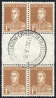 173 ARGENTINA: GJ.595EHB, 1924 1c. San Martín, Block Of 4 With HORIZONTAL GUTTER, Used, Excellent Quality, Rare! - Other & Unclassified