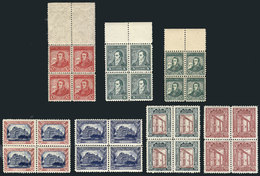 178 ARGENTINA: GJ.622/625, 1926 Post Centenary, UNADOPTED ESSAYS, 7 Different Blocks Of 4, MNH, Excellent Quality, Rare! - Sonstige & Ohne Zuordnung