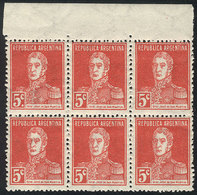 179 ARGENTINA: GJ.629d, 1927 5c. San Martín With AP Watermark, Block Of 6, ONE WITH PERIOD (top Left Stamp), Superb! - Otros & Sin Clasificación