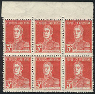 179 ARGENTINA: GJ.629d, 1927 5c. San Martín With AP Watermark, Block Of 6, ONE WITH PERIOD (top Left Stamp), Superb! - Sonstige & Ohne Zuordnung