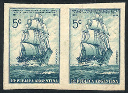 186 ARGENTINA: GJ.822, 1939 Frigate Sarmiento, PROOF In The Issued Color, Imperforate Pair On Special Paper For Specimen - Autres & Non Classés