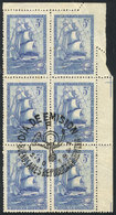 193 ARGENTINA: GJ.949, 1947 Frigate Sarmiento, Corner Block Of 6 With First Day Postmark, With VARIETY: Imperforate At T - Altri & Non Classificati