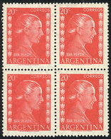 194 ARGENTINA: GJ.1006a, 20c. Eva Perón Printed On Imported Unsurfaced Paper, Block Of 4, The Left Stamps With DOUBLE IM - Altri & Non Classificati