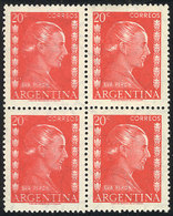 194 ARGENTINA: GJ.1006a, 20c. Eva Perón Printed On Imported Unsurfaced Paper, Block Of 4, The Left Stamps With DOUBLE IM - Sonstige & Ohne Zuordnung