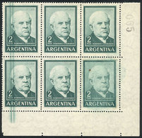201 ARGENTINA: "GJ.1135, 2P. Sarmiento, Corner Block Of 6, The Left Stamps With THICK VERTICAL LINES, The Bottom Right S - Other & Unclassified