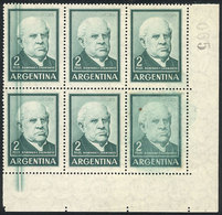 201 ARGENTINA: "GJ.1135, 2P. Sarmiento, Corner Block Of 6, The Left Stamps With THICK VERTICAL LINES, The Bottom Right S - Sonstige & Ohne Zuordnung