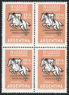 205 ARGENTINA: GJ.1259b, 1963 Panamerican Games (show Jumping), Block Of 4 With CARMINE COLOR OMITTED Variety (jacket Mi - Other & Unclassified