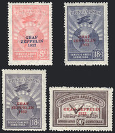225 ARGENTINA: GJ.720/722 + 720A, 1932 Zeppelin, The Set Of 3 Values + Color Variety Of 18c. LILAC (GJ.721A), Mint Light - Posta Aerea