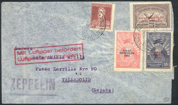 226 ARGENTINA: GJ.720/722, 1932 Zeppelin, Complete Set Of 3 Values + 30c. San Martín, On Cover Sent By ZEPPELIN To SPAIN - Poste Aérienne