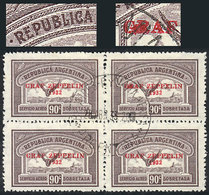 228 ARGENTINA: "GJ.722a + Var., 1932 90c. Zeppelin, Used Block Of 4 With Varieties: ""REPUBLICÁ"" (GJ.722a, Position 11) - Poste Aérienne